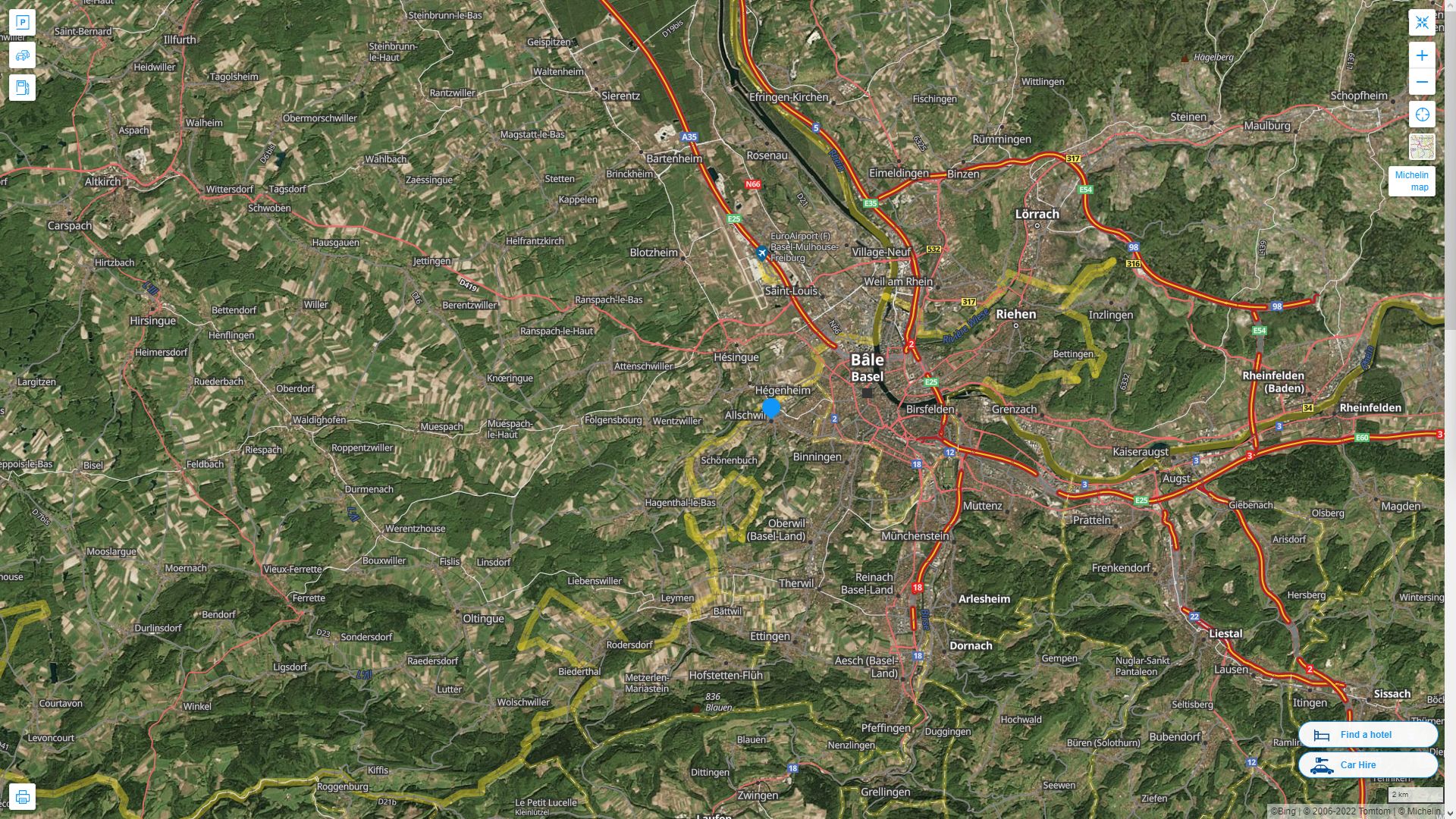 Allschwil Suisse Autoroute et carte routiere avec vue satellite